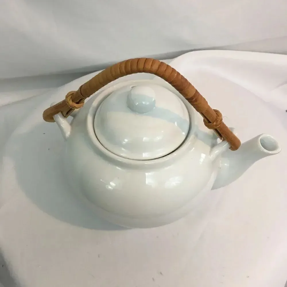 Pier 1 Sakai Bamboo Handle White Porcelain Teapot
